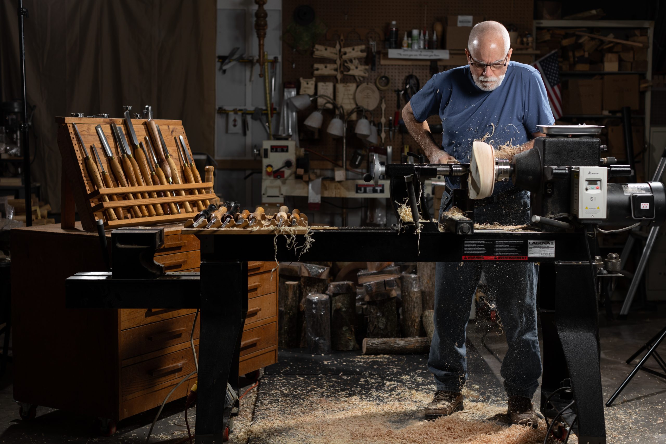 Doug turning a natural edge Sycamore bowl on his Laguna lathe.